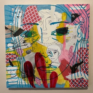 Oryginalna sztuka kolażu w technice mieszanej: pióro, tusz i olej na drewnie (12x12)