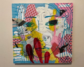 12x12" Original Mixed Media Collage Art: Pen, Ink & Oil on Cradled Wood Panel