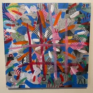 Arte original de mídia mista de 12x12” em painel de madeira embalada | Colagem de papel, fita adesiva e tinta a óleo | Decoração de parede abstrata densa e detalhada