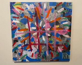12 x 12" gemengde techniek abstracte kunst: papiercollage en olieverf