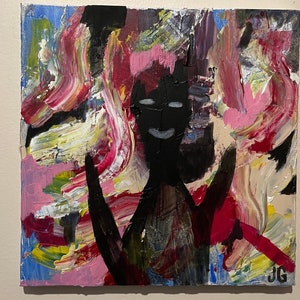 12x12” Original Oil Painting on Stretched Canvas | Simple Black Silhouette on Colorful Abstract Background | Dark Shadowy Childlike Figure