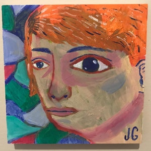 8x8” Original Oil Painting | Contemporary, Neo Folk, Outsider, Expressionist Portrait Art | Small Square One of a Kind Wall Decor on Wood