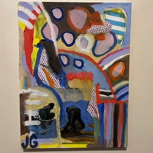 9x30 cm Mixed Media Kunstwerk auf Leinwand | Ölgemälde mit Collage Elementen | Glückliche Grungy Arbeiter-Bauern-Kunst mit gemischter Energie