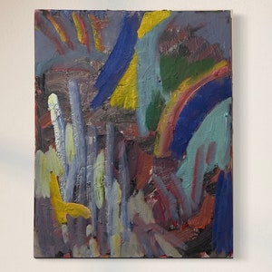 May include: Abstract painting with bold strokes of blue, yellow, red, green, and white paint on a dark gray background.