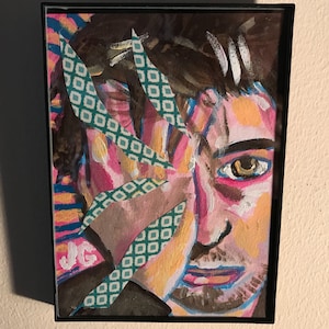 5x7” Framed Mixed Media Art | Original Oil Painting On Paper with Cut Collage Elements | Unique One of a Kind Expressionist Portrait of Man