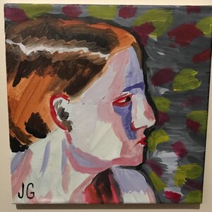 Retrato Expressionista Realista 12x12” em Vermelho | Decoração original de arte de parede em tela | Pintura barata da vida da mulher | Barato único