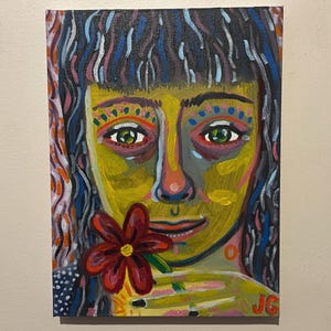 9x12” Oil Painting on Stretched Canvas | One of a Kind Contemporary Art | Outsider, Neo Folk, Weird, Unusual Artwork | Girl with Flower