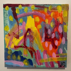 Original Neon Abstract Oil Painting: 8x8" Colorful Wall Decor
