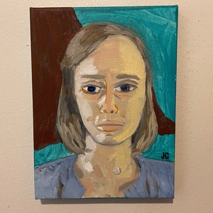 Original Expressionist Woman Portrait Painting: Acrylic & Oil on Canvas (6x8x.75”)