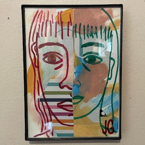 Framed Original Mixed Media Art on Paper | Two Drawings Cut in Half and Recombined into One | Contemporary Collage Oil Paint Marker Artwork