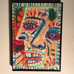 5x7” Framed Oil Pastel Drawing on Paper | Primitivism, Pseudo Cubist Original Art | Small Contemporary Gallery Artwork for Creative People