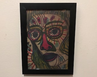6x8" Framed Original Marker Face Drawing: Outsider Art