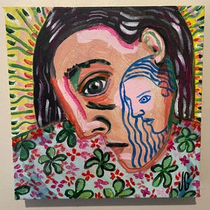 10x10x1.5” Original Acrylic Painting on Thick Stretched Canvas | Moon Faced Girl w/ Face Tattoo | One of a Kind Surreal Outsider Folk Art