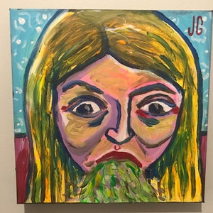 12x12” Original Contemporary Art on Stretched Canvas | Neon Painting of Girl Throwing Up | Weird, Gross, Cool Underground Counterculture Art