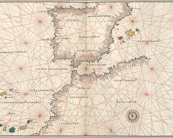 May include: A vintage nautical chart of the Mediterranean Sea, with a compass rose and red grid lines. The chart features the coastline of North Africa, Spain, and Italy, with place names in Latin.