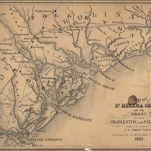 以下が含まれることがあります： チャールストンとサバンナの間の海岸とセントヘレナスウンドを示した白黒の地図。米国沿岸測地調査から編集され、A.ウィリアムズ＆カンパニーによって1861年に出版された。
