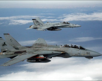 以下が含まれることがあります： 灰色のF-14トムキャット戦闘機が雲の上を飛行しており、背景には灰色のF/A-18ホーネット戦闘機がいます。F-14は側面に「107」の番号と尾部に「AJ」のマークが付いています。