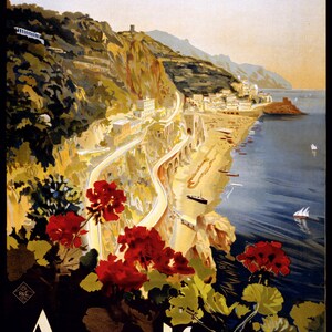 May include: Vintage travel poster for Amalfi, Italy. The image depicts a coastal scene with a winding road, buildings, and a beach. Red flowers are in the foreground. The word "Amalfi" is prominently displayed.