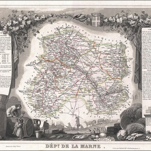 Plakat, viele Größen erhältlich; 1852 Levasseur Karte der Abteilung De La Marne, Frankreich (Champagner Wein Region)