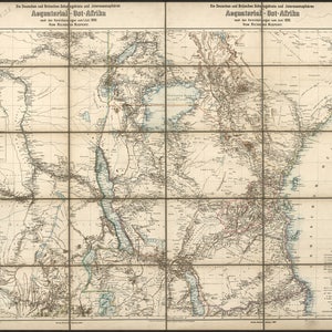 May include: A vintage map of East Africa, showing the boundaries and tribal groupings of the region. The map is titled "Die Deutschen und Britischen Schutzgebiete und Interessengebiete in Ost-Afrika" and is dated 1895. The map is printed in black and white with some color accents.