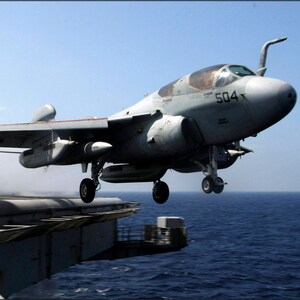 May include: A gray military aircraft with the number "504" on the side is landing on an aircraft carrier. The aircraft is in the air, with its wheels down and its landing gear extended. The aircraft carrier is in the background, with the ocean in the distance.