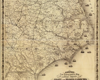 May include: A vintage map of the eastern portion of North Carolina, Virginia, and South Carolina. The map is printed in black and white and shows the coastline, rivers, and towns. The title of the map is "New Topographical Map of the Eastern Portion of the State of North Carolina with Part of Virginia & South Carolina" and the date is "1863."