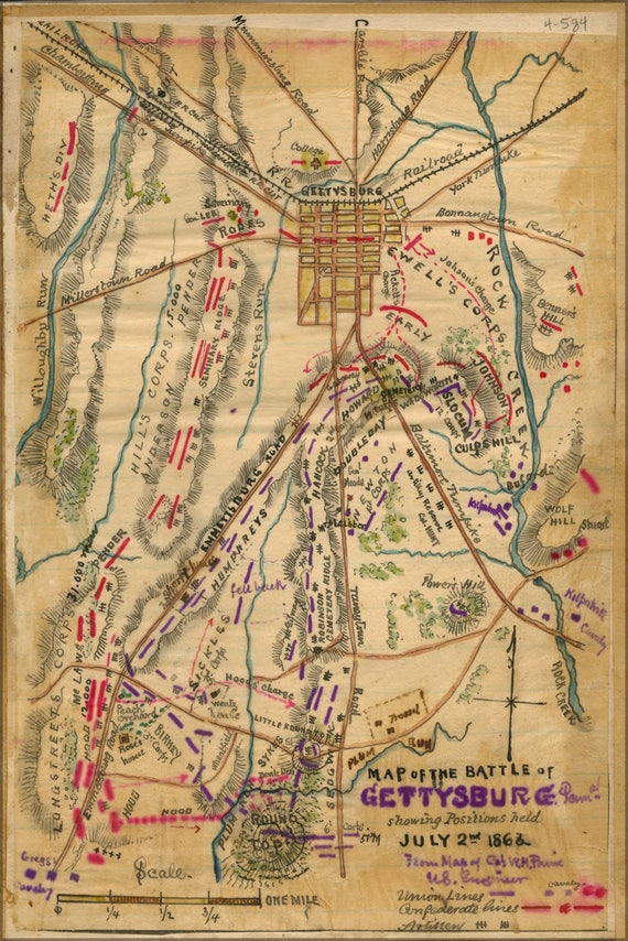 Many Sizes; Map Of Battle Field Of Gettysburg Poster First Day 1863