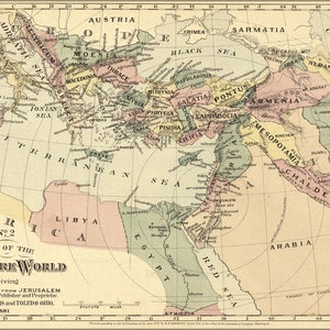 May include: A vintage map of the ancient world, showing the regions of the Roman Empire, the Middle East, and North Africa. The map is printed in shades of green, yellow, pink, and brown, with black lines for borders and rivers. The map is titled "Scripture World" and includes a scale in miles and a compass rose.