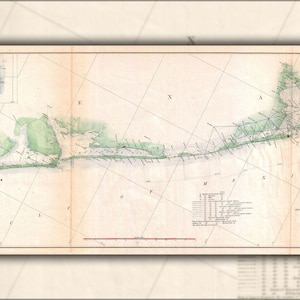 May include: A vintage map of the coast of South Carolina, showing the inlets and waterways. The map is printed on paper and has a light brown background. The map is titled "U.S. Coast Survey, Sheet No. 61, Showing the Coast of South Carolina."