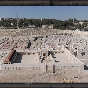 May include: A detailed model of the ancient city of Jerusalem, including the Temple Mount and surrounding buildings. The model is made of white stone and is set against a backdrop of a modern city.