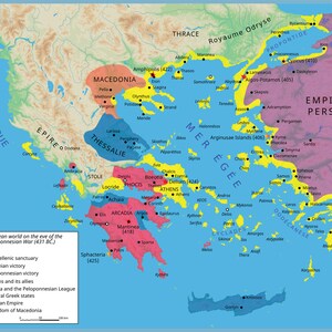 Poster, viele Größen verfügbar; Karte von antikem Griechenland, Peloponnesischer Krieg, Athen und Delian League (gelb) 431 BC