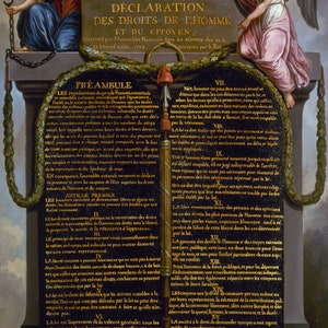 May include: A historical document, the Declaration of the Rights of Man and of the Citizen, is displayed on a black background with gold lettering. The document is framed by a decorative border of green leaves and a chain. Two angels, one on each side, are depicted in the background. The text reads: "Declaration of the Rights of Man and of the Citizen, Decreed by the National Assembly in the sessions of the 20th, 21st, 23rd, and 24th of August, 1789, Accepted by the King."