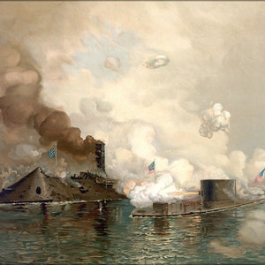 Op de afbeelding: Een schilderij dat een zeeslag voorstelt met twee gepantserde oorlogsschepen die met kanonnen op elkaar schieten. De schepen zijn omgeven door rook en water, en de lucht is gevuld met wolken. Het schilderij is in een realistische stijl en vangt de intensiteit van de slag.