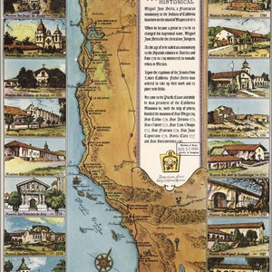 Poster, viele Größen erhältlich; Karte von Kalifornien Missionen 1949