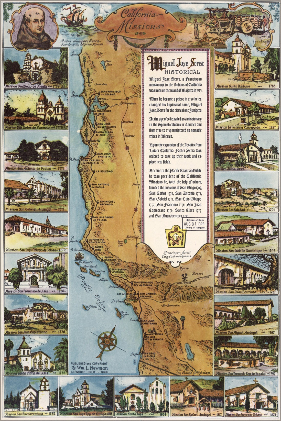 Cartel, muchos tamaños disponibles; Mapa de las Misiones de California 1949
