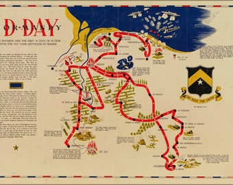 Cartel, muchos tamaños disponibles; Mapa del Batallón de Tanques del Día D de Normandía Francia 743Rd