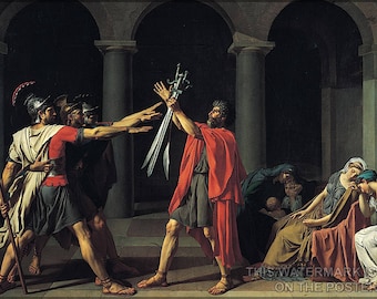May include: A classical painting depicting a dramatic scene with figures in ancient Roman attire. A man in a red cloak holds swords aloft, while others gesture towards him. The scene is set in a colonnaded space, with figures in the background.
