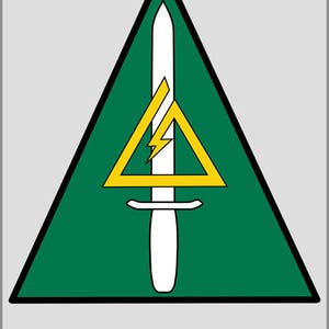 May include: A green triangle with a black outline and a white dagger inside. The dagger is positioned on top of a yellow triangle with a lightning bolt inside. The text "DELTA FORCE" is written below the triangle.