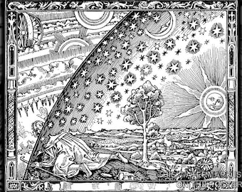 May include: A black and white woodcut illustration depicting a celestial scene with a man kneeling in the foreground. The sky is divided into two sections, one with the sun and the other with the moon and stars. A tree stands in the middle ground.