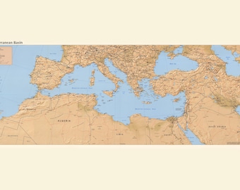 Afiche, varios tamaños disponibles; mapa de la CIA de la cuenca del mar Mediterráneo, 1998