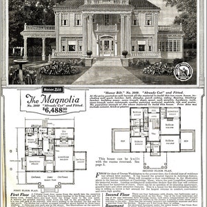 May include: An advertisement for a ten-room Colonial house, "The Magnolia," with floor plans and text. The house features a large porch, columns, and a detailed architectural design. The price is $6,488.00.