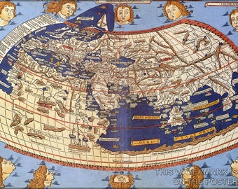 May include: A vintage world map with a blue background and a white grid. The map is surrounded by a border of angels with red hair and blue eyes. The map shows the continents of Europe, Asia, and Africa. The map is labelled with the names of various countries and cities.