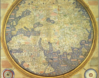 May include: A vintage world map, printed on paper, with a gold frame. The map is a circular design and shows the continents of Europe, Asia, and Africa. The map is titled "Fra Mauro World Map c.1460".