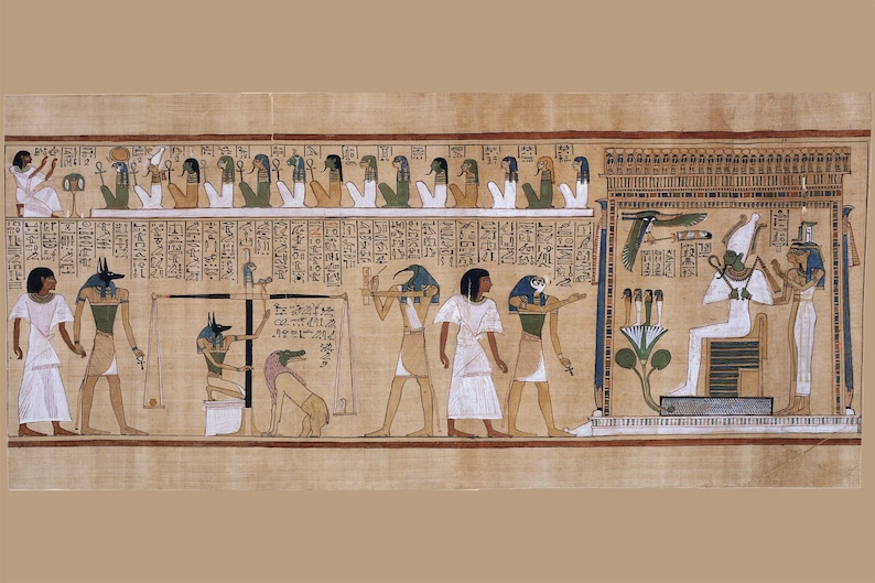 K&ouml;nnte beinhalten: Eine antike &auml;gyptische Papyrusrolle, die eine Szene aus dem Jenseits darstellt. Die Rolle ist in leuchtenden Farben bemalt und zeigt Hieroglyphen, G&ouml;tter und eine Zeremonie zur W&auml;gung des Herzens.
