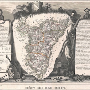 Plakat, viele Größen erhältlich; 1852 Levasseur Karte von der Abteilung Du Bas-Rhin, Frankreich (Straßburg, Elsass Wein Region)
