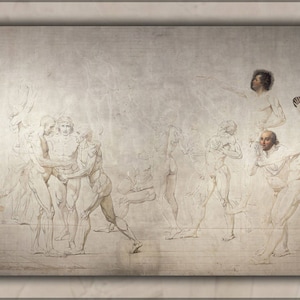 Puede incluir: Un dibujo en blanco y negro de un grupo de personas en varias poses. El dibujo está sobre un fondo marrón claro y parece ser un estudio de anatomía humana.