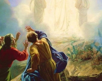 Op de afbeelding: Een schilderij dat een religieuze scène voorstelt met drie figuren in witte gewaden die op een rotsachtige uitstulping staan. Twee figuren op de voorgrond kijken omhoog naar de figuren in de verte. De scène is in een helder, gouden licht gebaad.