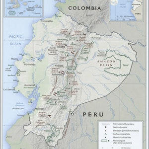 Puede incluir: Un mapa detallado de Ecuador, que muestra las principales ciudades, ríos y cadenas montañosas del país. El mapa también incluye información sobre la fisiografía del país, incluidos sus puntos de elevación, parques nacionales y sitios arqueológicos.