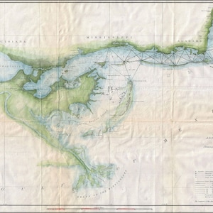 May include: A vintage map of the Mississippi River Delta, showing the progress of the survey in 1851. The map is hand-drawn and features a grid pattern, with labels for Louisiana, Mississippi, and Alabama. The map is in shades of blue, green, and brown.
