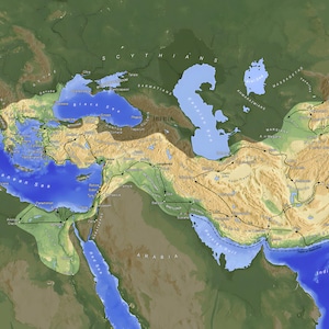 Puede incluir: Un mapa que muestra el imperio de Alejandro Magno, que se extendía desde Grecia hasta la India. El mapa muestra la ruta de las conquistas de Alejandro, así como las principales ciudades y características geográficas de su imperio. El mapa está en tonos de verde, marrón y azul, con líneas negras que indican la ruta de las conquistas de Alejandro.